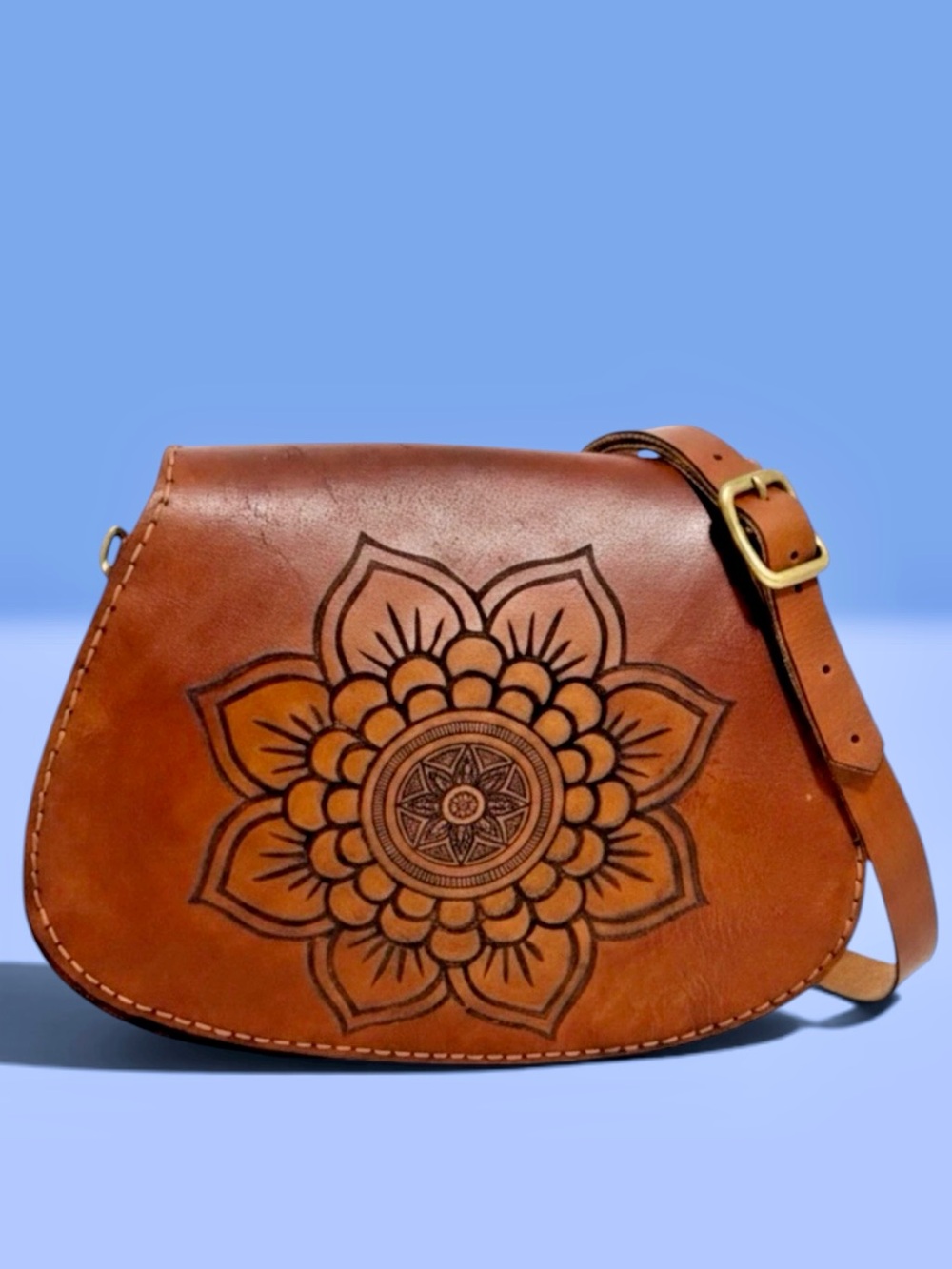 New Cowhide Real Leather Crossbody Bag Burnished Brown Floral Mandala Motif